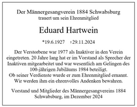 Traueranzeige Eduard Hartwein